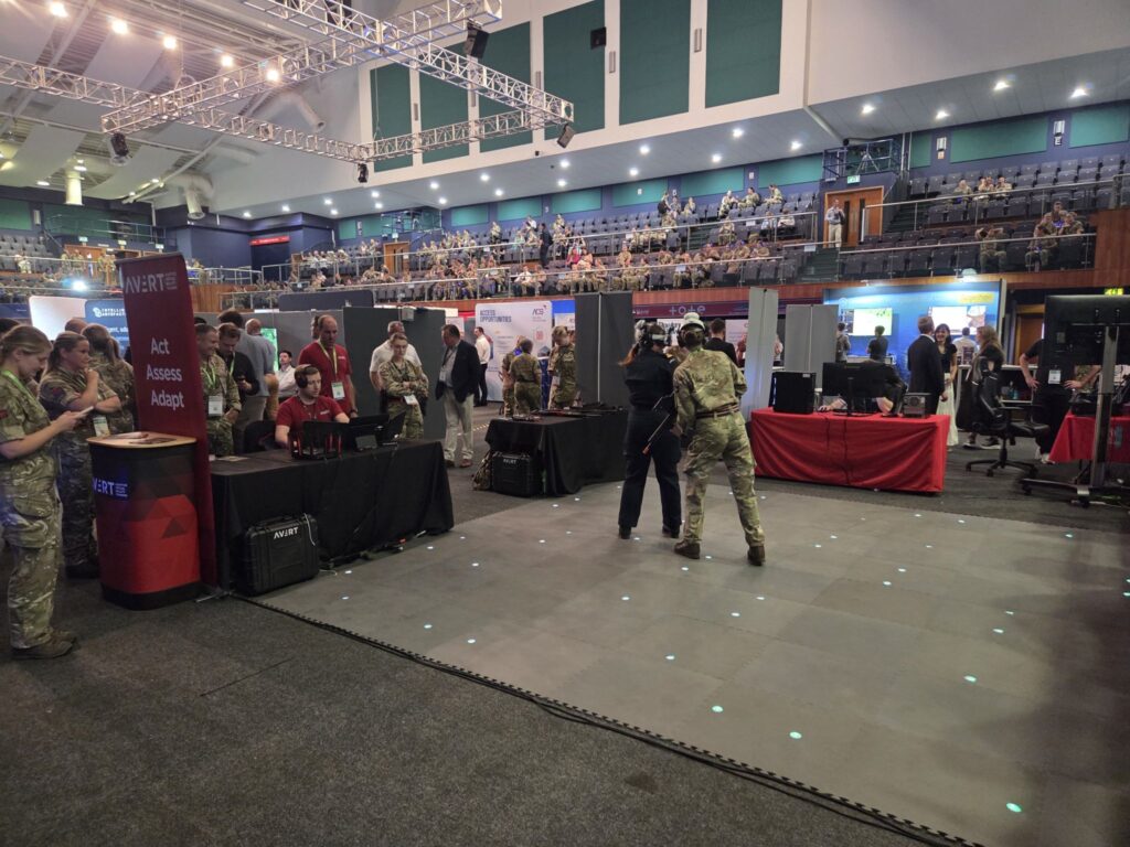 Military personnel trial AVRT immersive VR training system at DSET 2026 defence conference