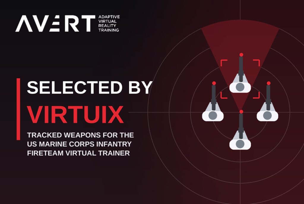 Illustration of a four-person fireteam with tracked rifles on a radar display, with the text “Selected by Virtuix” for the US Marine Corps Infantry Fireteam Virtual Trainer